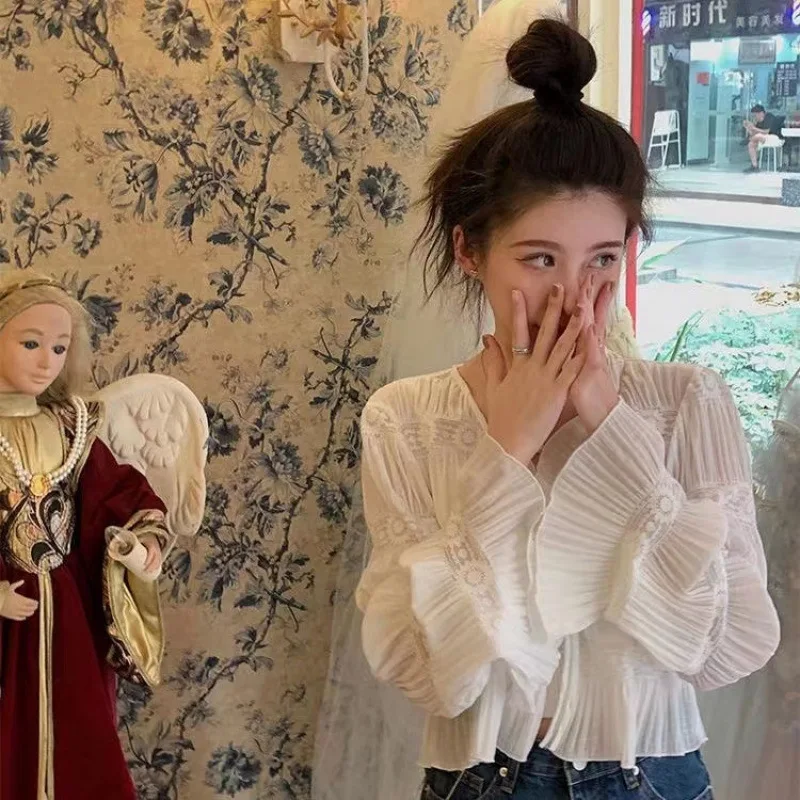 

2026 Summer Women Sheer Chiffon Lace Ruffle Sleeve Cardigan V Neck Lightweight Breathable Sun Protection Cropped Shrug for Dress