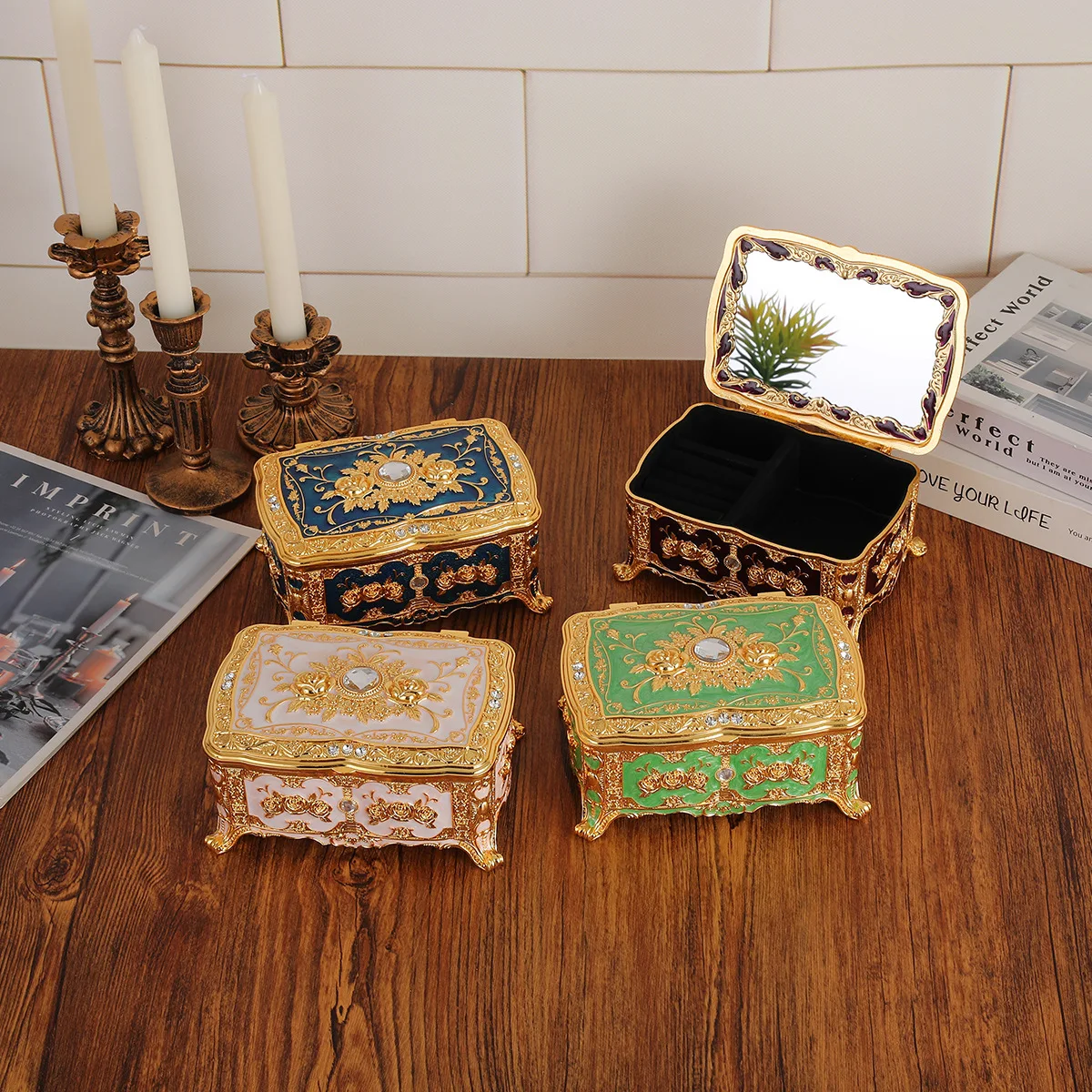 Luxury Rose Relief Design Zinc alloy Jewelry Box Trinket Organizer Storage Box Engraved Jewelry Decorative Box Keepsake Girls