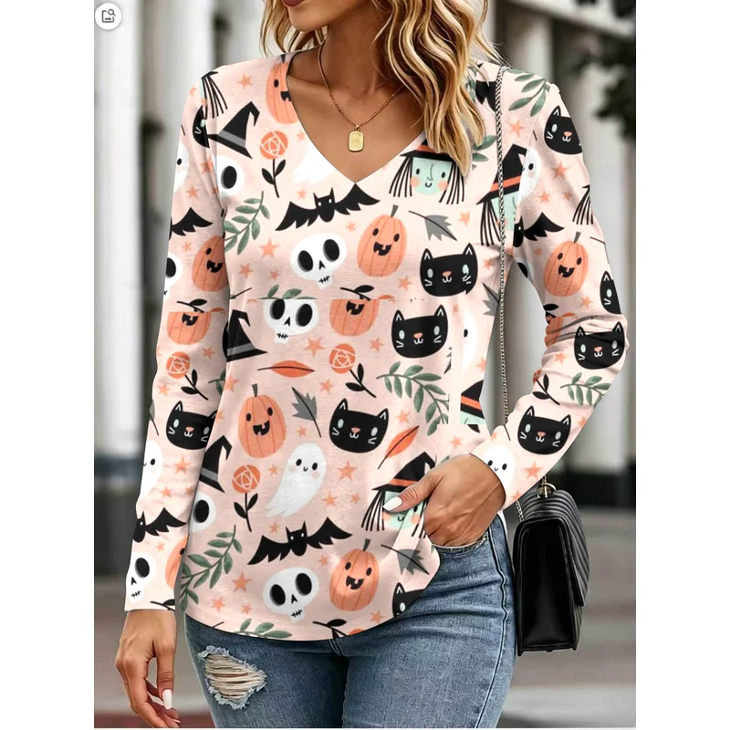 European and American Halloween Women's Printed CostumesVCollared long-sleeve shirt loose and comfortable versatile for layering