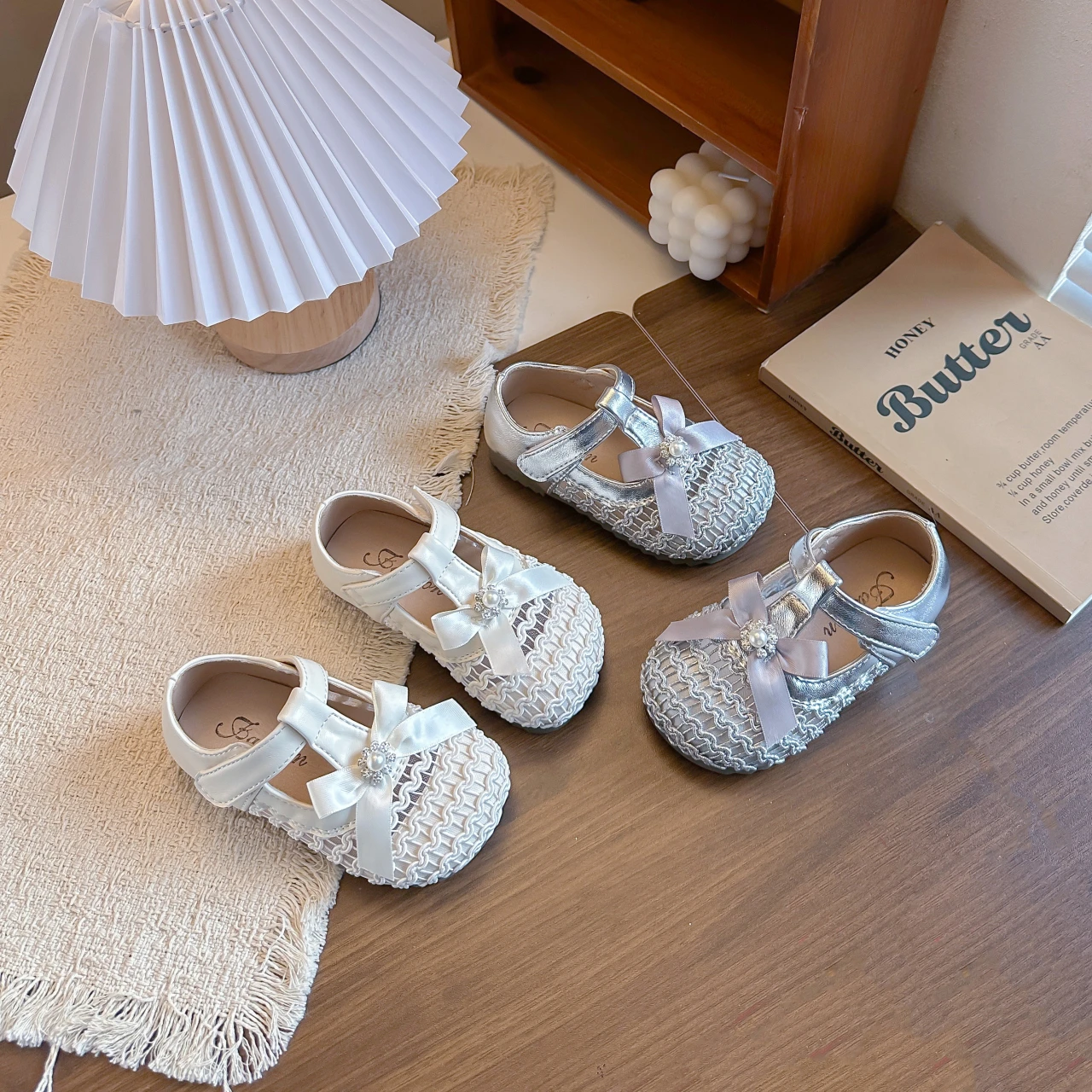 Kids'Casual Shoes Solid color Bow Low-cut Mesh Cutout Spring Shoes For Girls Anti-slip Breathable Beige Silver Shoes Size 23-34