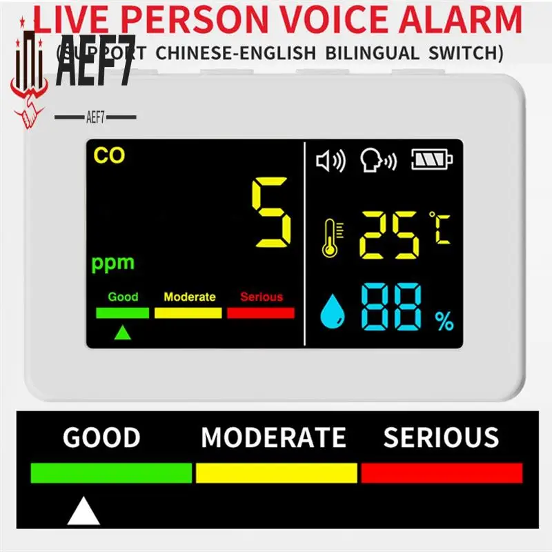 AEF7-Portable compteur de qualité de l'air 3-en-1 CO testeur de température et d'humidité monoxyde de carbone avec alarme vocale