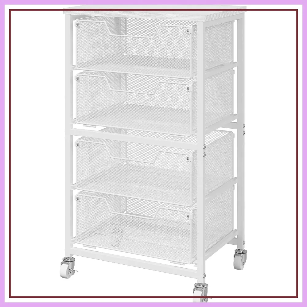 

4-Drawer Rolling Storage Cart with Wheels & Wooden Top, White Metal Utility Cart for Office, Kitchen, Classroom