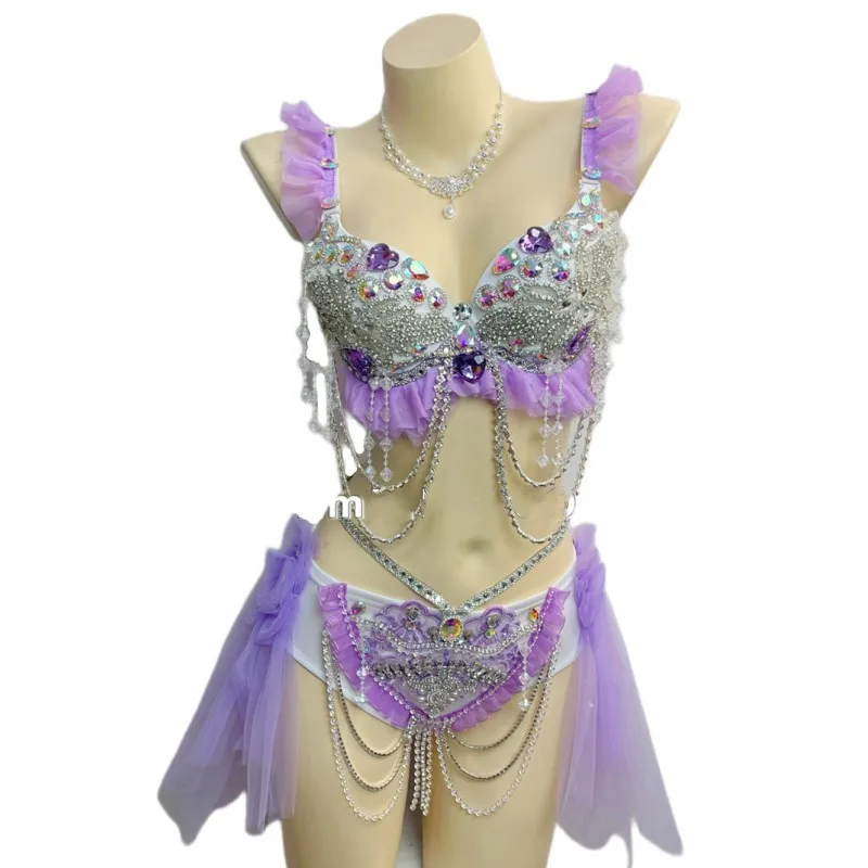 Purple Rhinestones Bikini Sexy Stage Carnival Party Rave Outfit Music Festival Clothing Women Model Catwalk Performance Costume