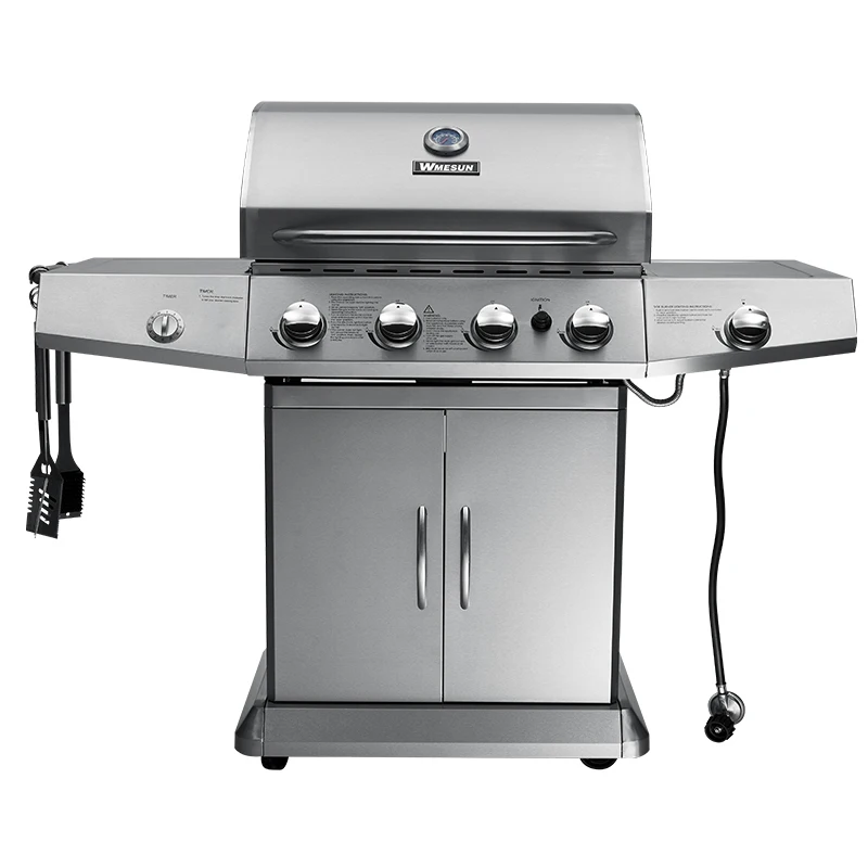 Premium Propane High Pressure Grill 4 Burners Stainless Steel Mobile BBQ Cart Flame Safety Device Piezoelectric Ignition Outdoor