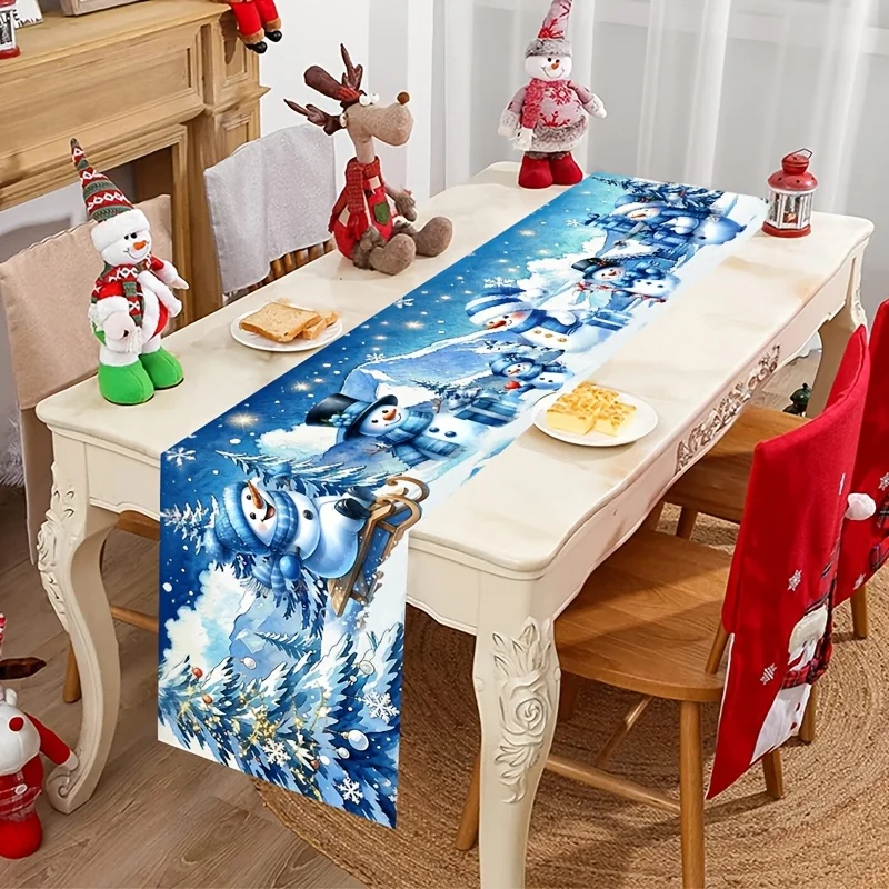 Blue Winter Snowman Sleigh Christmas Table Runner Snowy Pine Tree Snowflake Print for Dining Table Xmas Holiday Home Decor
