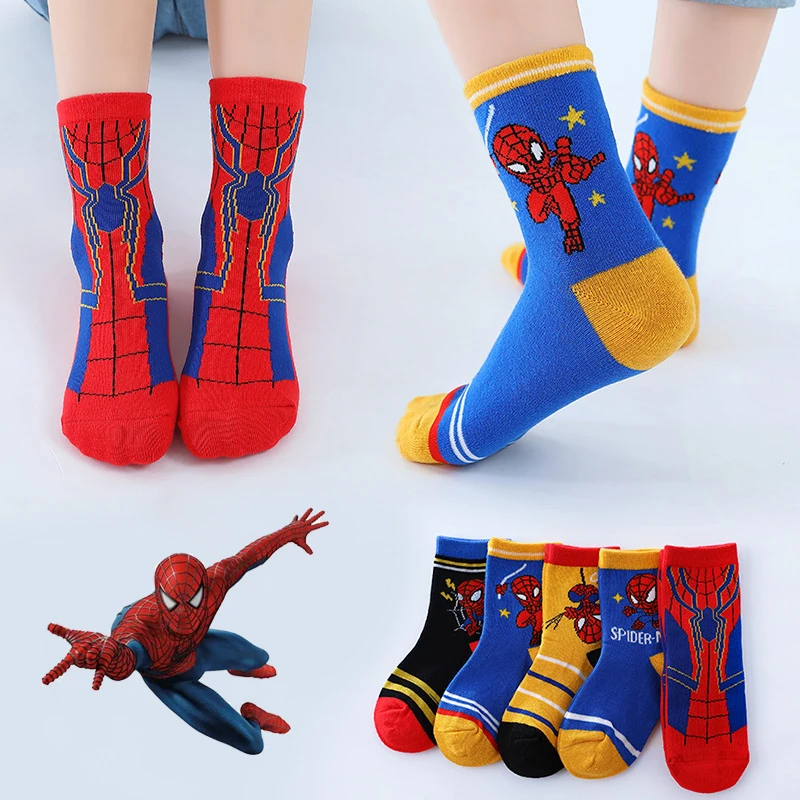 Meias de algodão meio bezerro dos desenhos animados Disney Marvel para meninos, meias quentes de bebê, homem-aranha, outono, inverno, 1-12 anos, novo, 5 pares por lote