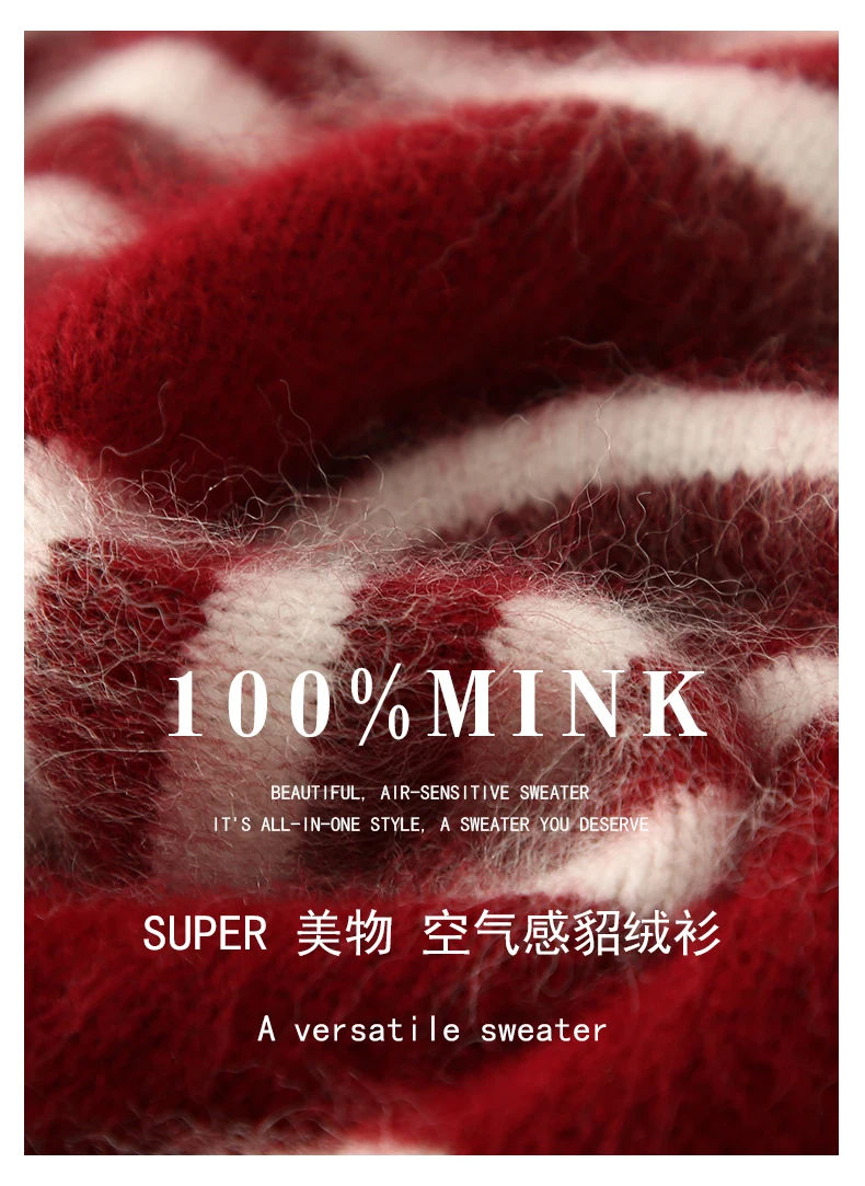 

TLOML Women 100% Mink Cashmere Sweater Mock Neck Striped Pullover Autumn Winter Basic Soft Warm Long Sleeve Comfy Knitwear Tops
