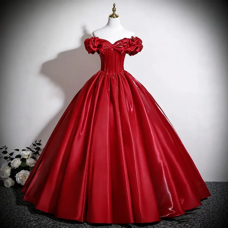 2026 New Women s One Shoulder Red Wedding Toast Dress High Quality Satin Evening Dress Plus Size Long Puff Skirt Customizable