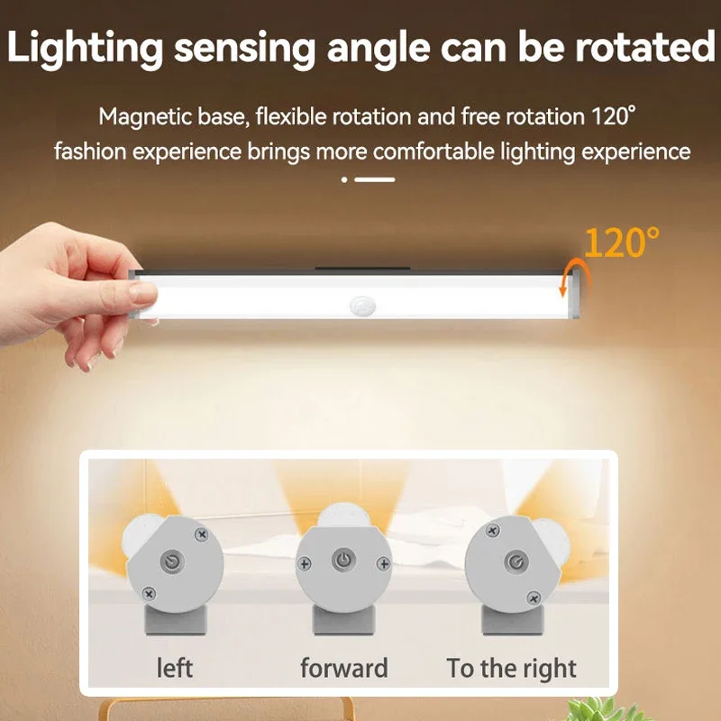 ไฟ LED เซ็นเซอร์ตรวจจับการเคลื่อนไหวกลางคืนแบบแม่เหล็กชาร์จไฟได้120 ° ไฟอ่านหนังสือหรี่แสงได้ตกแต่งครัวข้างเตียงห้อง