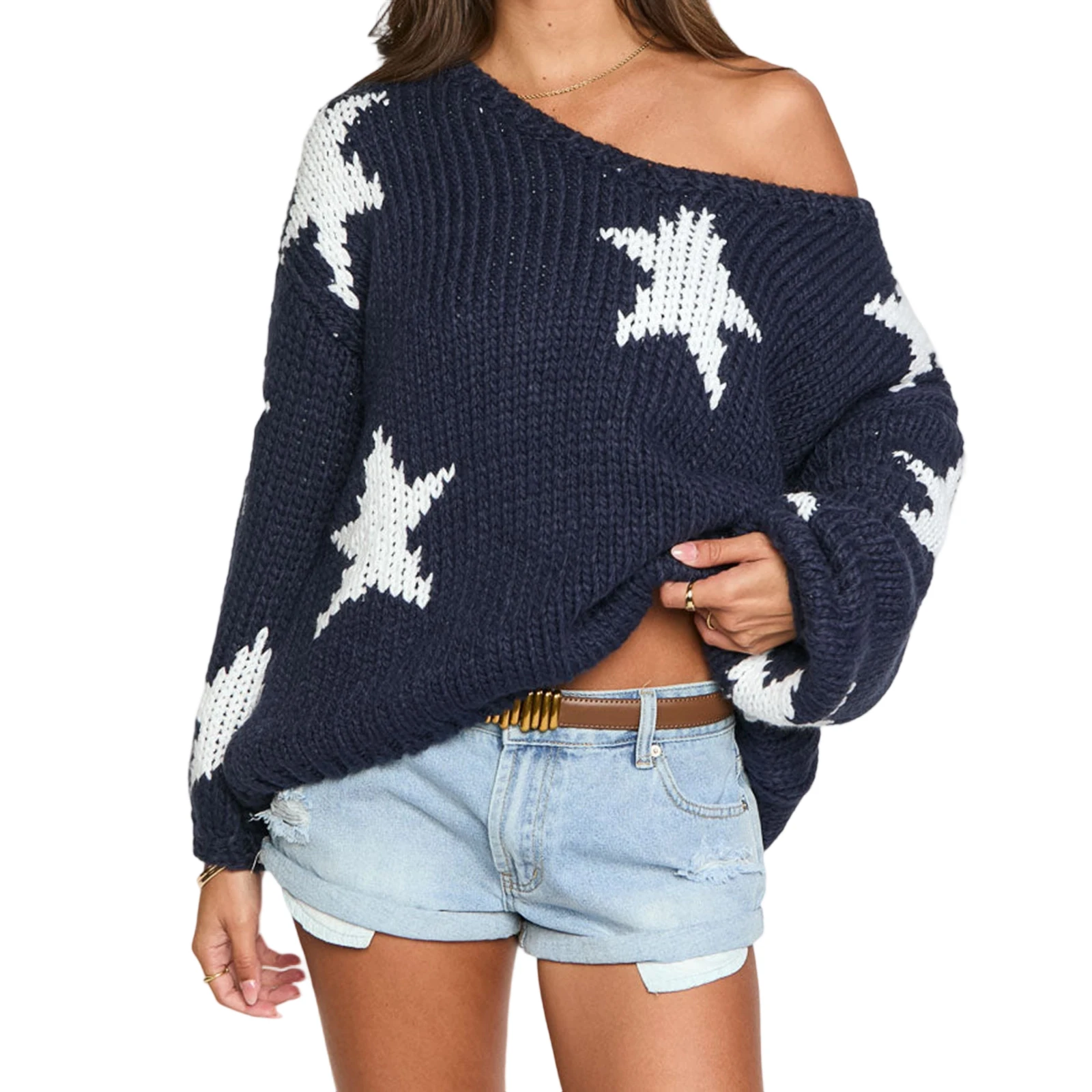 

Womens Off One Shoulder Sweater Loose Fit Casual Star Pattern Ribbed Long Sleeve Knit Tops for Winter