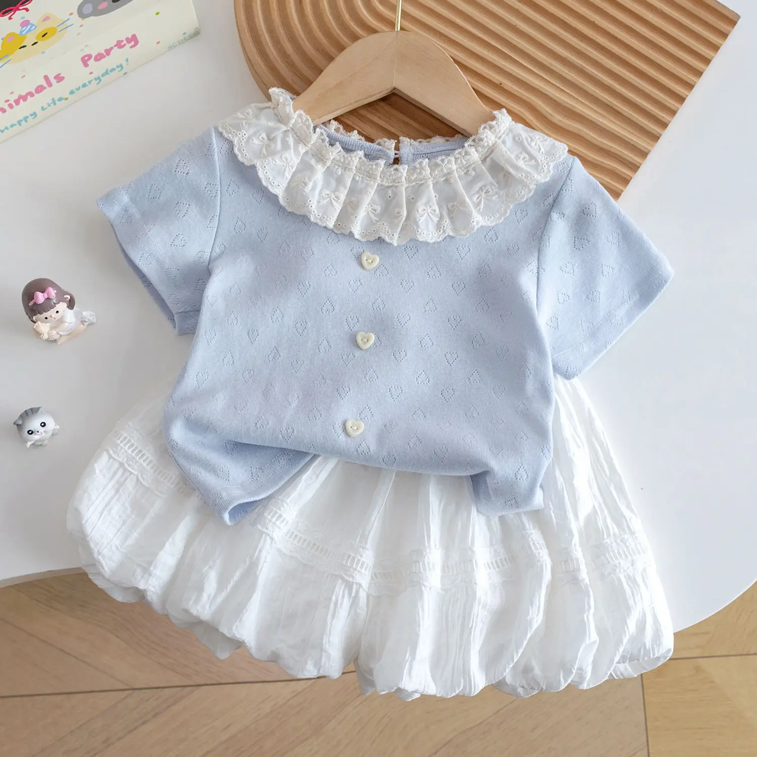 

Girls Clothes Sets 2pcs Summer Suit Blue Lace Top + White Bud Pants Summer Dress Children's Fashionable Summer Dress