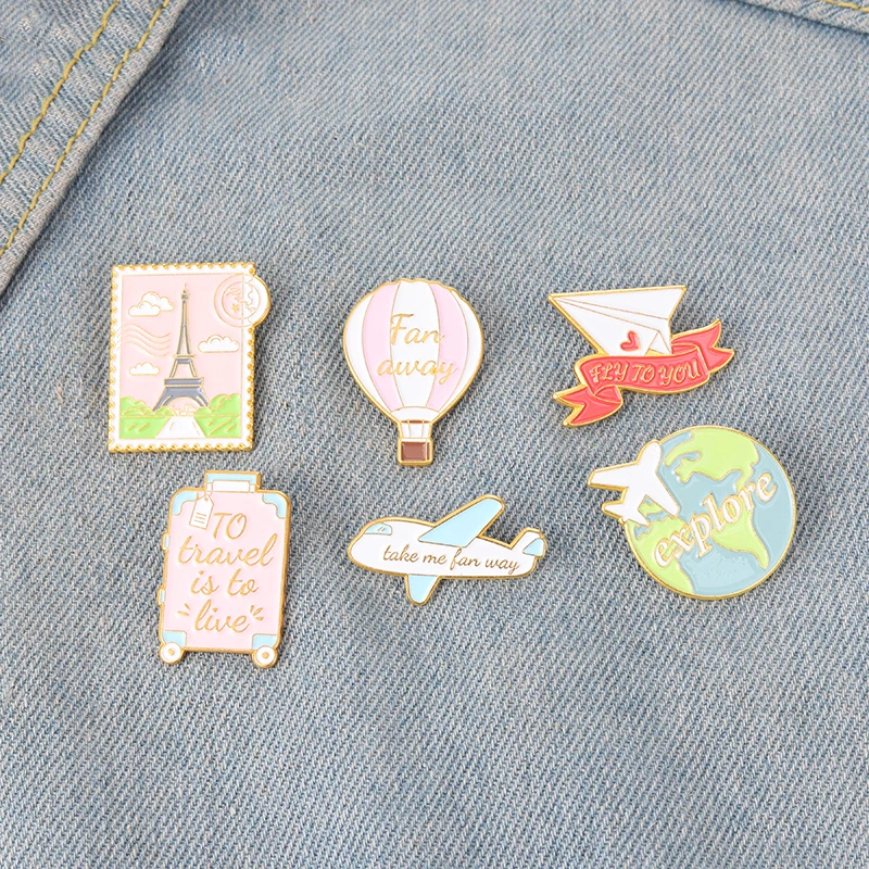 Travel Life Enamel Pins Custom Postage Suitcase Brooch Lapel Badge Bag Cartoon Journey Jewelry Gift for Kids Friends