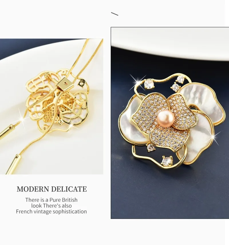 

A long necklace for women with camellia and rose, sweater chain and corsage
