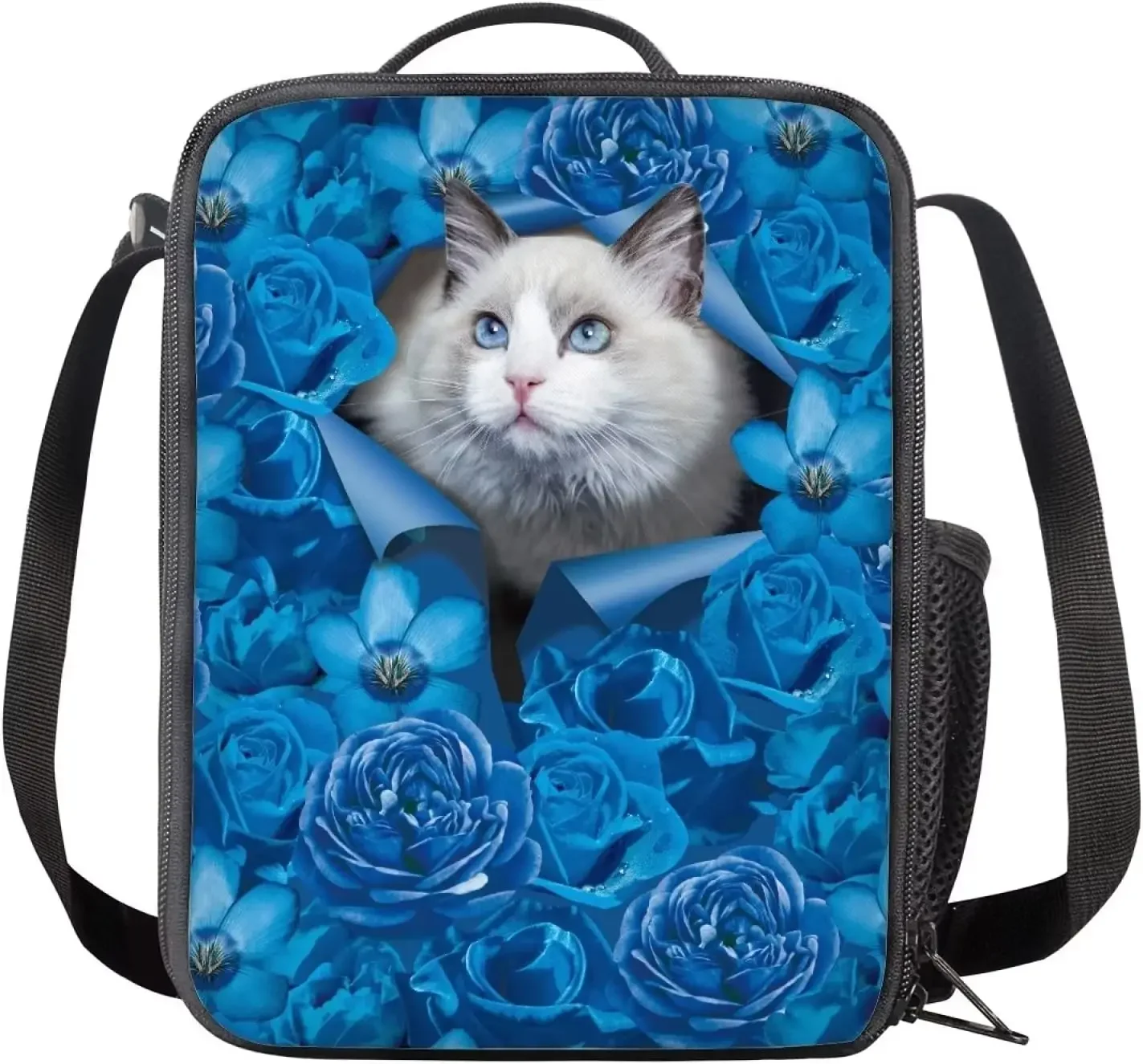 Cute Cat Insulated Lunch Bag for School Work Office Picnic Butterfly Tote Lunch Box Containers for Cat Lover Kids Reusable Bag