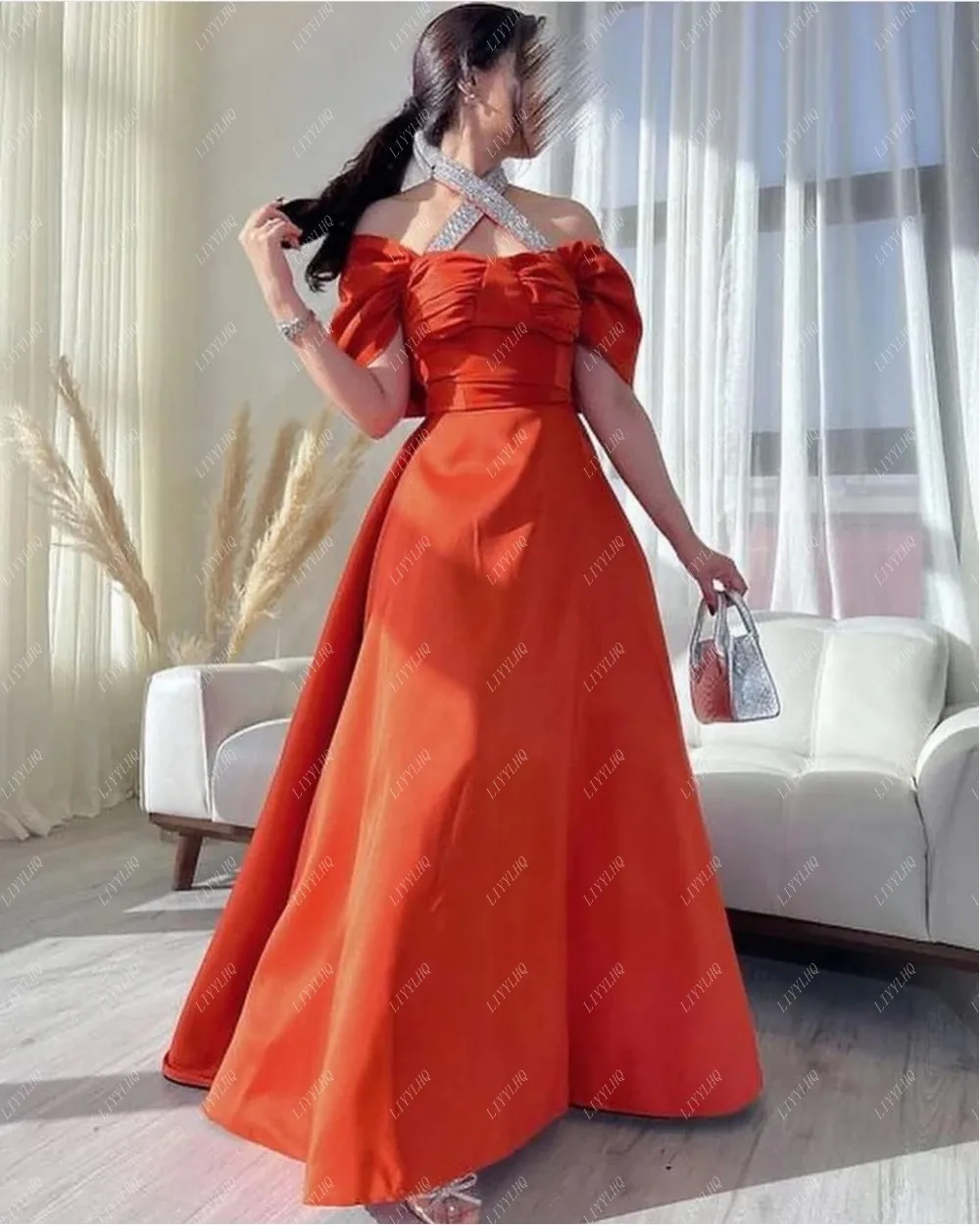 LIYYLHQ Long Orange Prom Dresses Elegant Off-Shoulder A-Line Evening Short Sleeve Satin Formal Occasion Gown For Women 2024