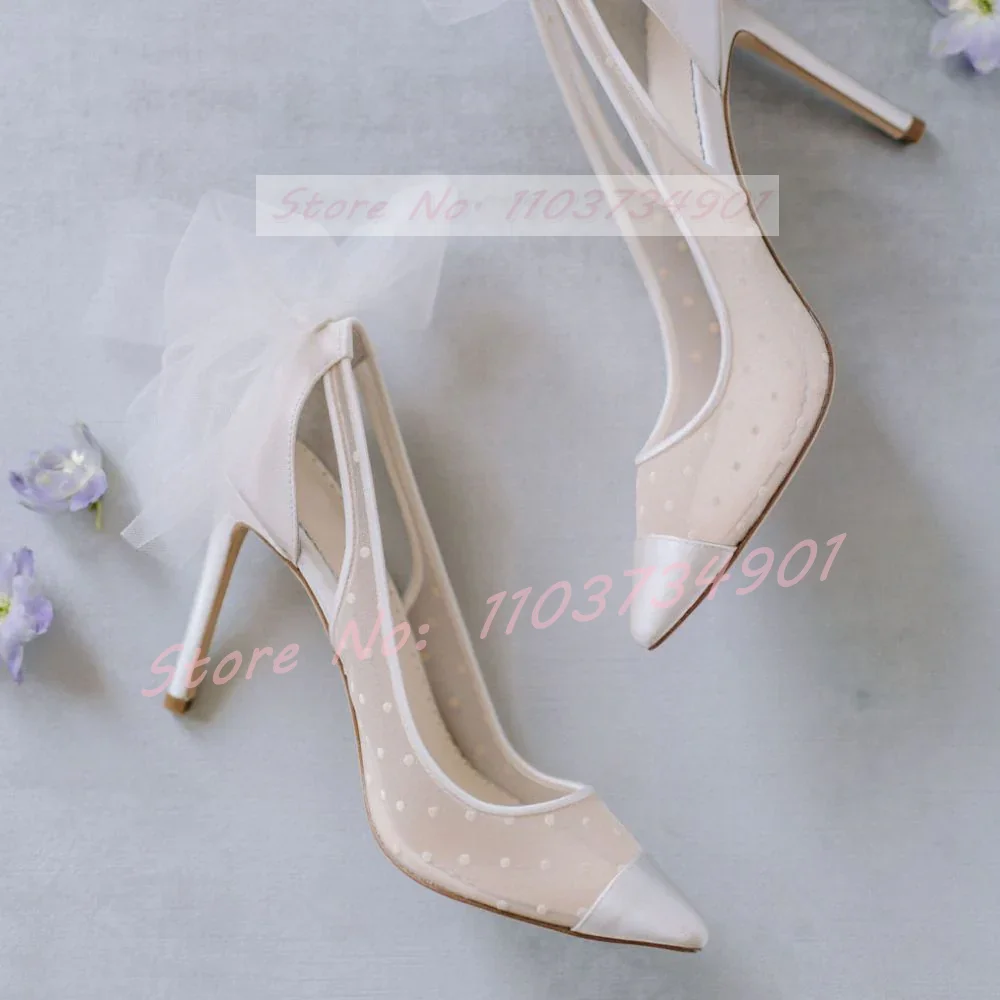 White Mesh Dot bowknot Wedding Pumps Women Elegant Party Hollow Pointy Toe High Heels Sandals Ladies Trendy Chic Big Size Pumps