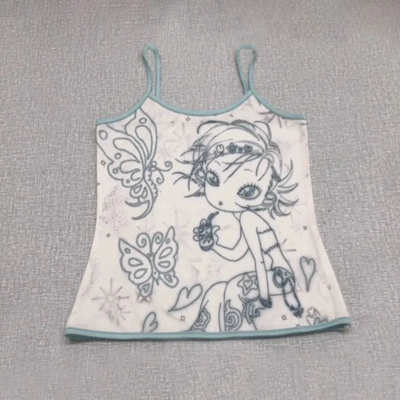 Karrram Y2k Aesthetics Cami Top Fairycore Anime Print Camisole 2000s Kawaii Crop Top Japanese Harajuku Tank Tops Grunge E-girls