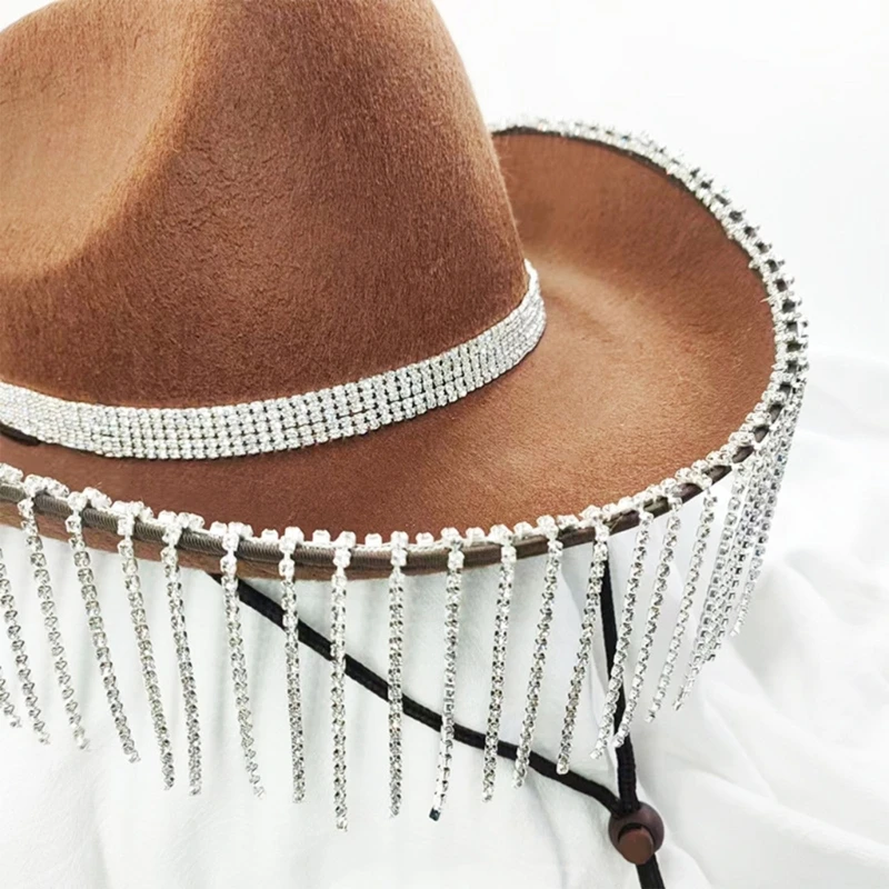 Cowgirl Hat Rhinestones Fringe Glitter Hats for Halloween Dress Up Cosplays Party Costume Accessories