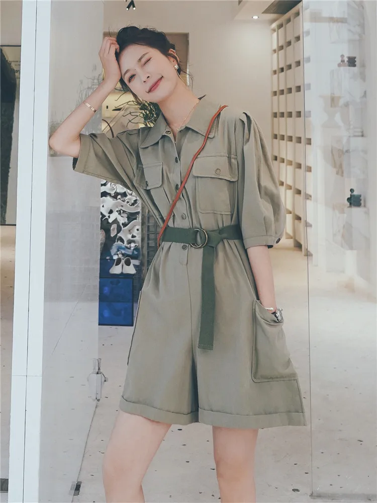 Fashion Retro Loose Short Vintage Green Jumpsuit Woman High End Summer New Style With Belt Female Overalls