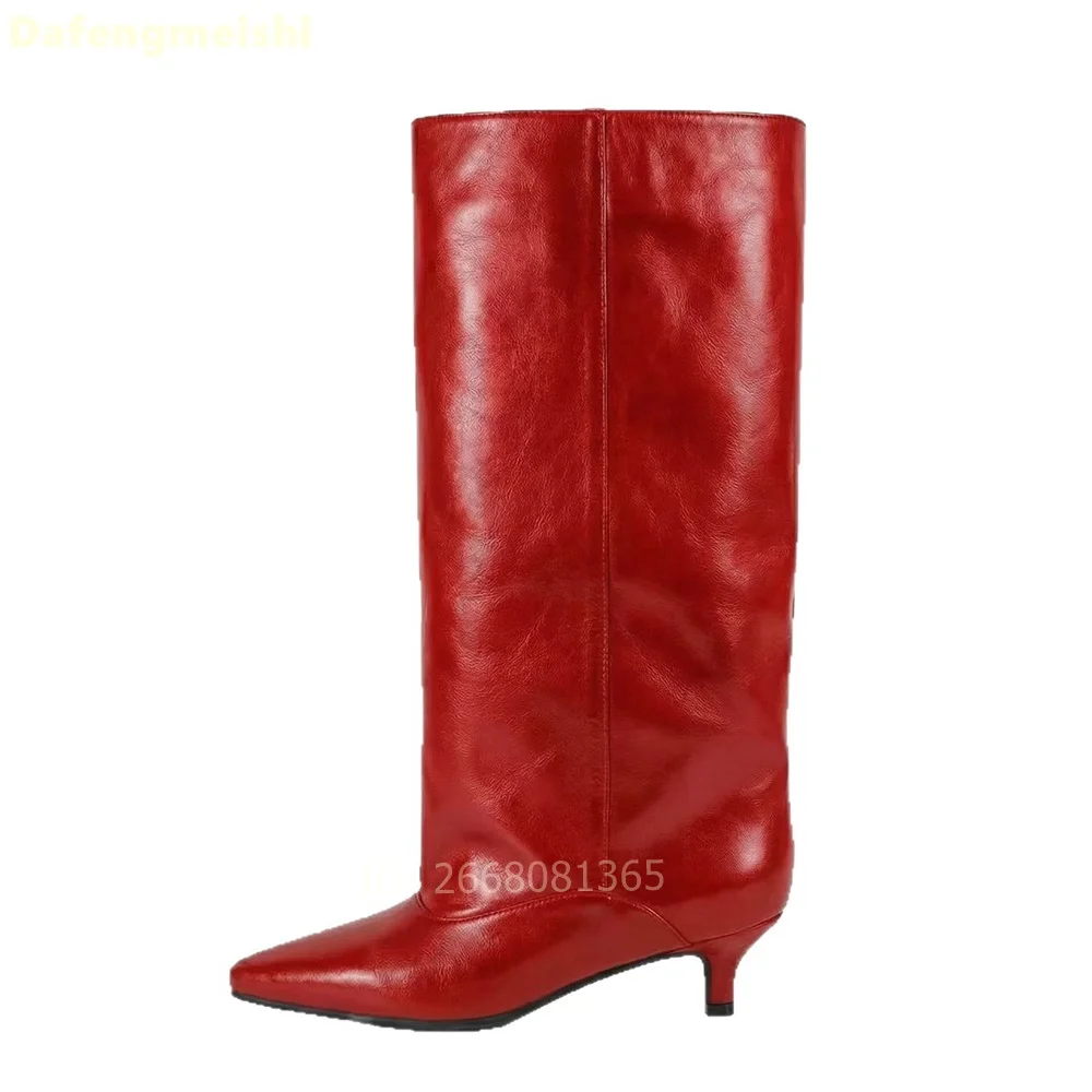 Women New Solid Color Leather/suede Kitten Heel Boots Slip-On Low Heel Wide-Calf Knee-High Boots 2026 Spring Street Fashion Boot
