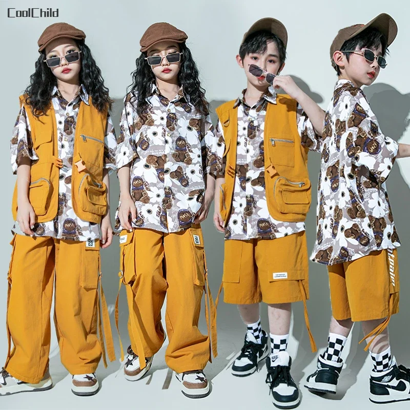 

Hip Hop Girls Vest Flower Shirt Cargo Pants Boys Cool Street Dance Shorts Child Fashion Streetwear Clothes Set Kids Jazz Costume