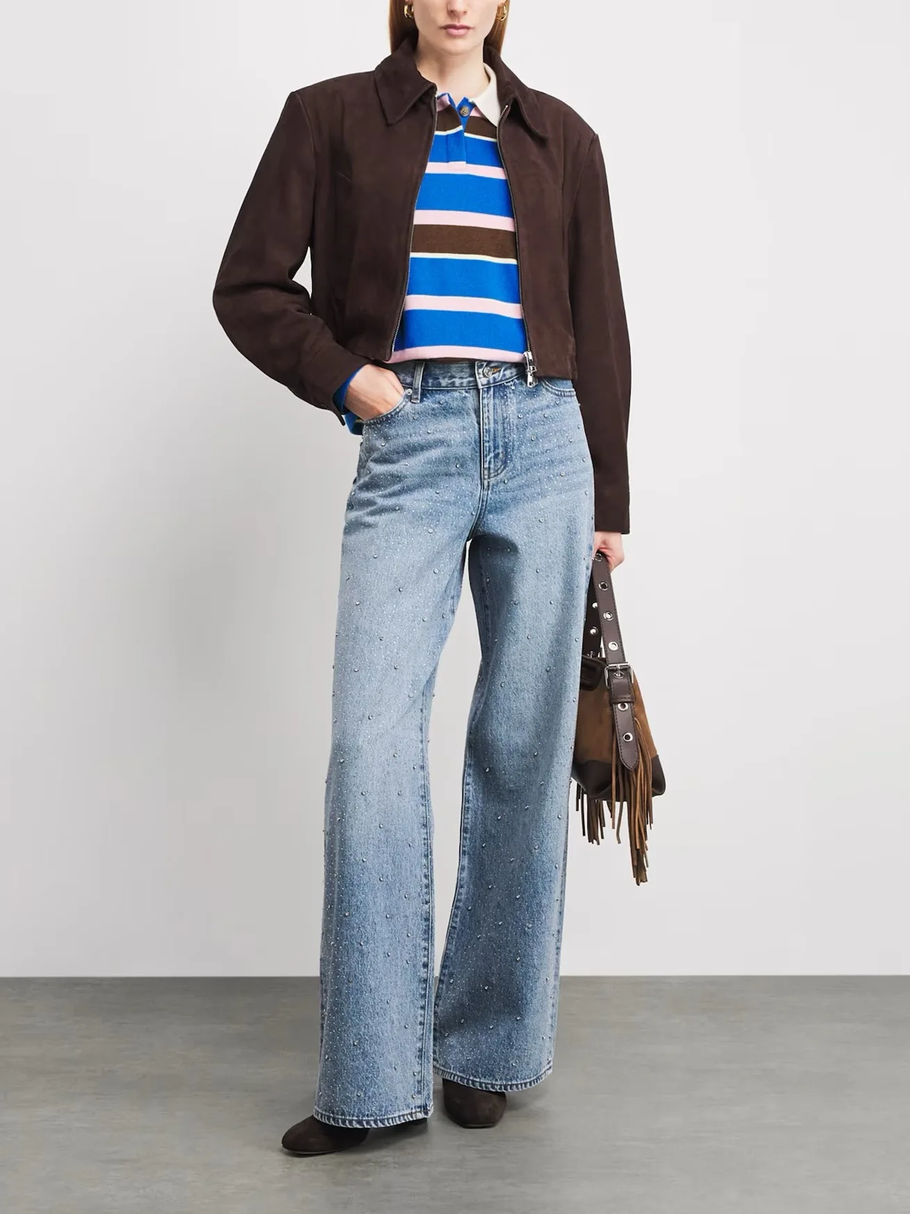 

Faionable Rhinestone Embellied Cotton Denim Wide Leg Pants Spring 2026 New Women's Clothing High Waist Straight Tube Jeans