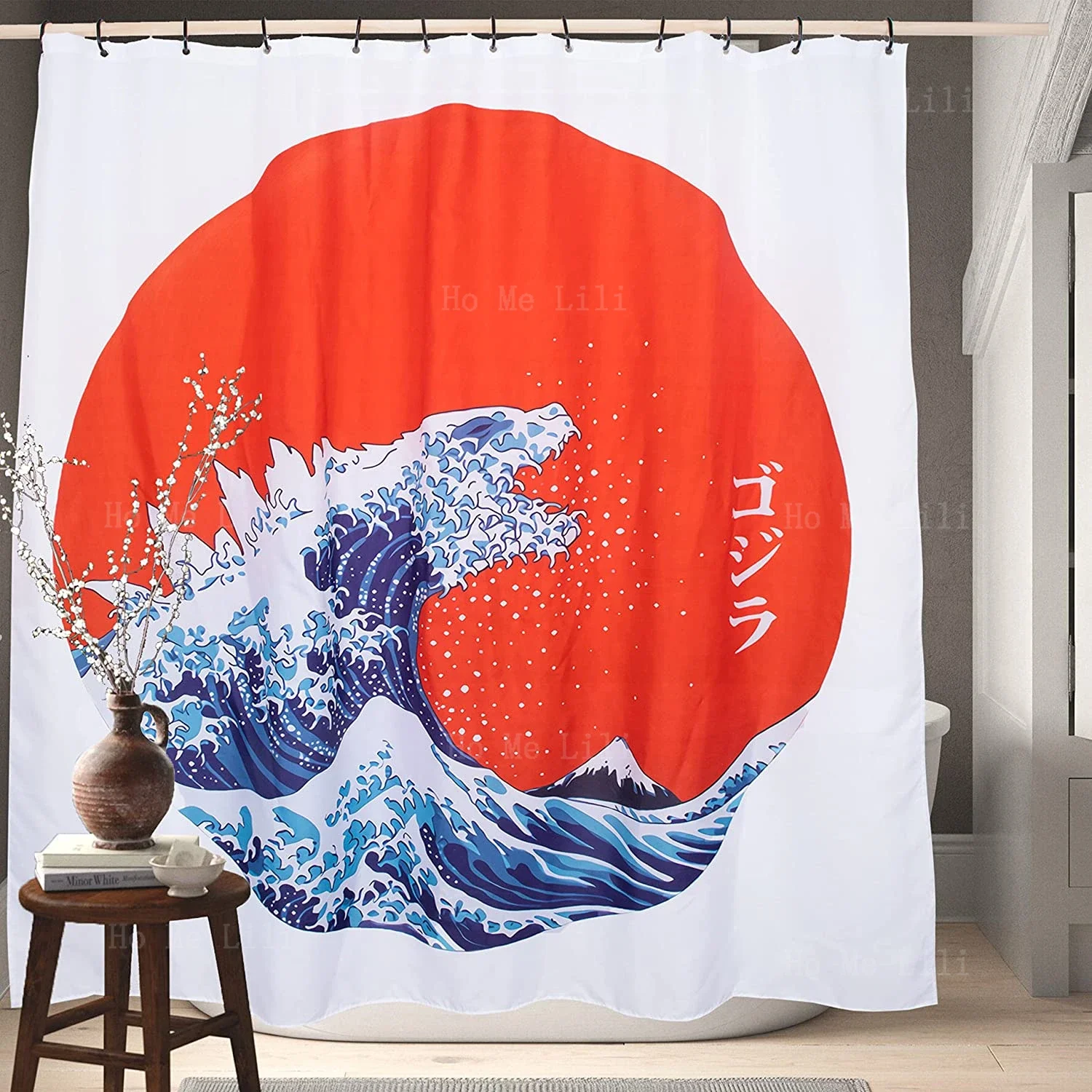 Spanker Space Artistic Ukiyoe Red White Japanese Monster Hokusai The Great Waves Fabric Bath Shower Curtain With Hook