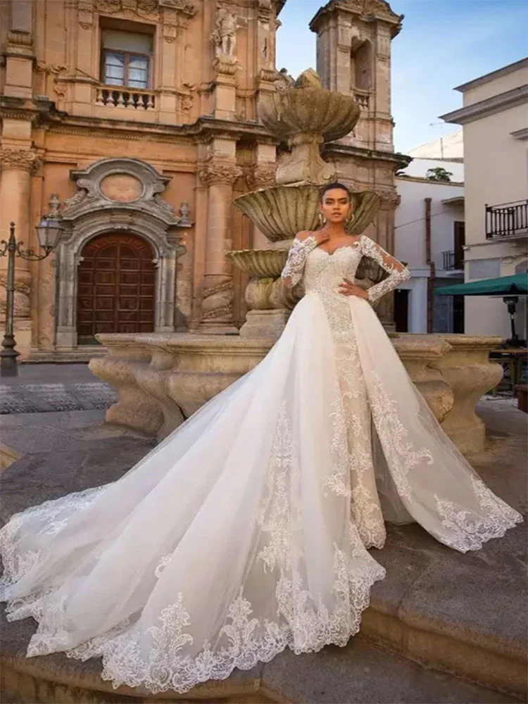 Vestidos de casamento sereia, o-pescoรงo, manga comprida, apliques, trem destacรกvel, vestidos de noiva 2 em 1, 2024