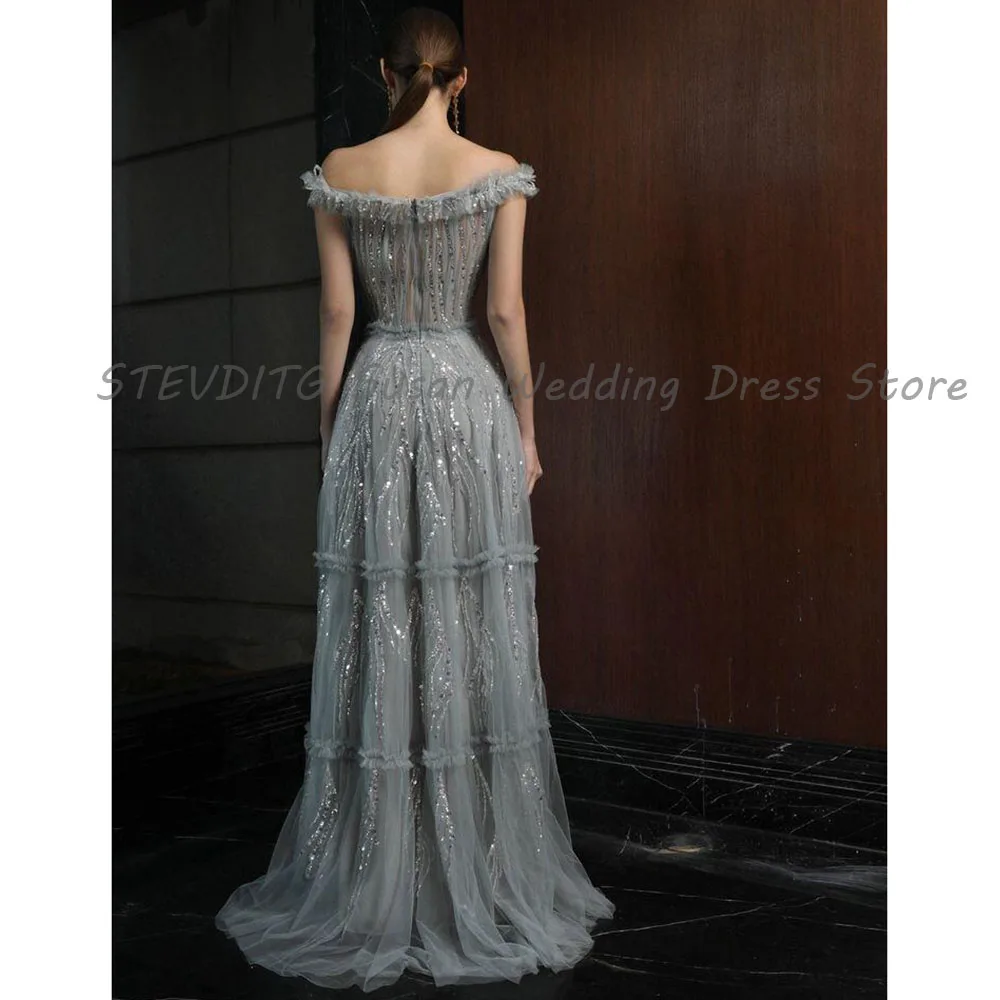 Exquisite Party Prom Dresses Women Off The Shoulder A Line Shine Sequins Banquet Celebrity Formal Occasion Female Gowns