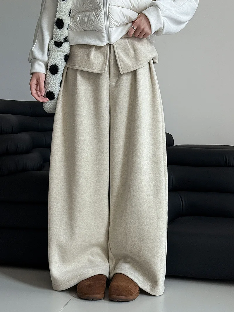 Korean Style Thickened Woolen Wide-Leg For Women Winter Design Sense Warm Casual Long Pants