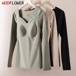 Women's Sexy Mulberry Silk Belt Chest Cushion Warm Top No Wear Bra Latex Cup One Piece Bottom Shirt Autumn and Winter TA061