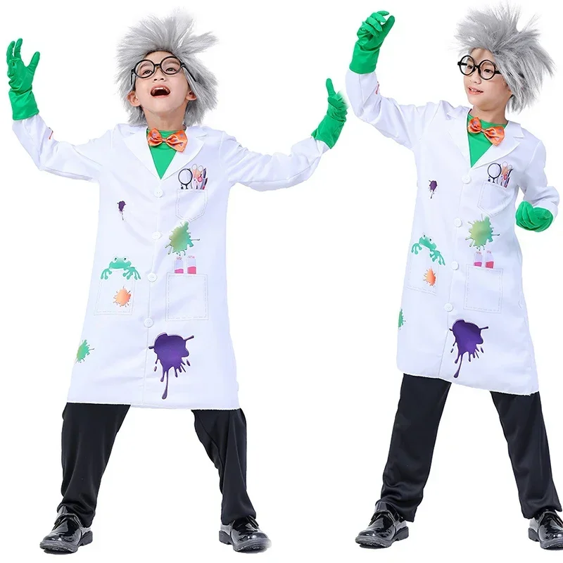 Children Boy Psycho Crazy Scientists Cosplay Costumes Wig Pants Glasses Gloves Kids RolePlay Doctor Scientist Profession Clothes