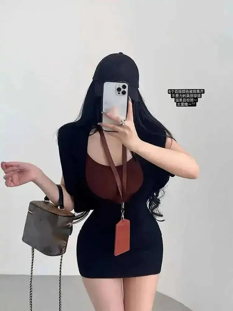 Pure Desire Bat Sleeve Knitted Hip Pack Sweater Dress Elegant Chest Cushion Strap Tank Top Fashion Sweet Women Tops 6IKR