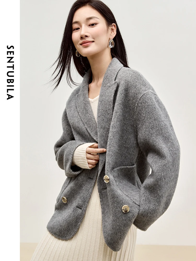SENTUBILA Gray Woolen Coats for Elegant Women 2026 Winter Fashion Office Lady Double Breasted Pockets Oversized JacketsW44O56003
