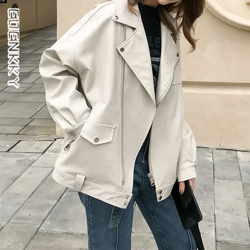 Loose Leather Jacket Women Casual PU Loose Motorcycle Jackets Female Streetwear Oversized Beige Pu Coat Korean Chic New Spring