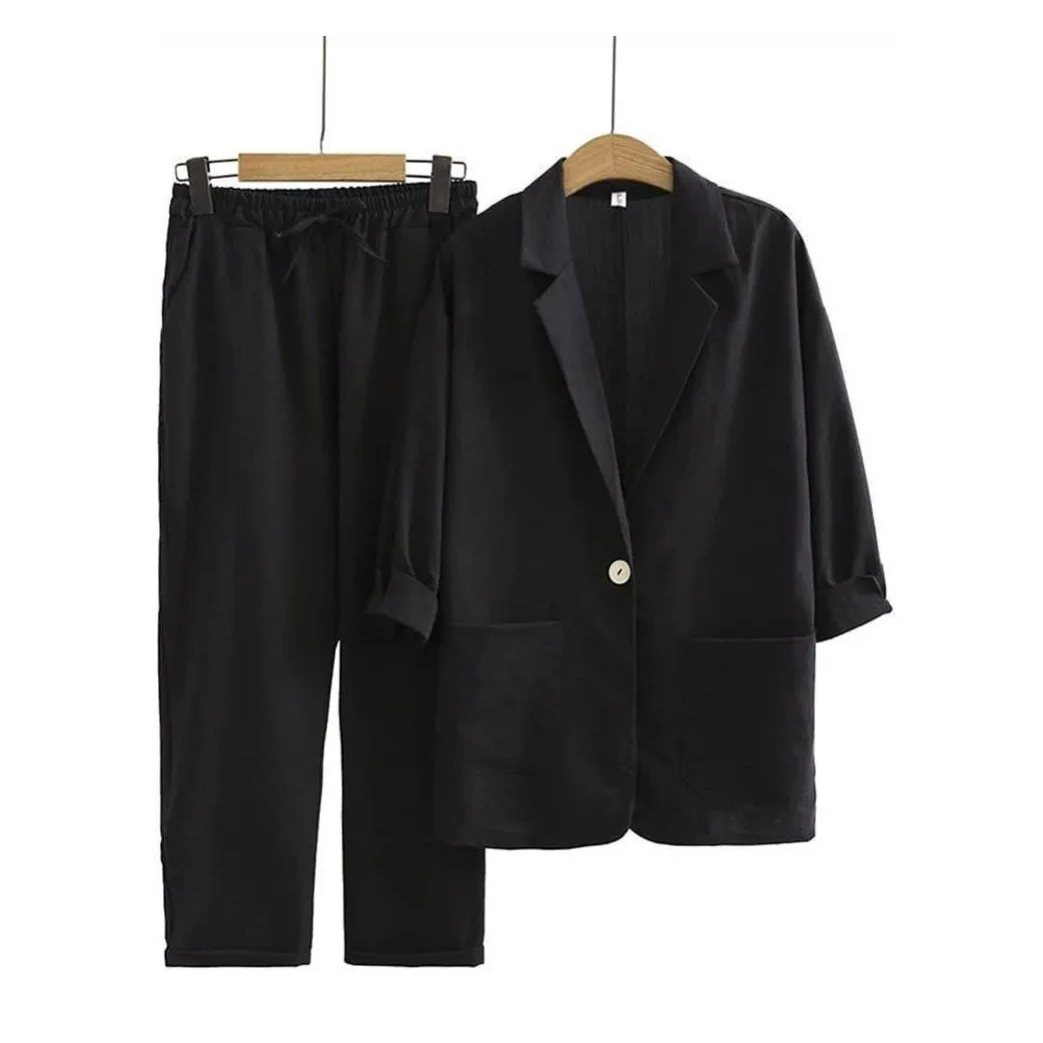 Conjunto Casual de Algodão e Linho com Manga Longa, Estilo Solto e Elegante, em Cores Sólidas para Primavera e Outono