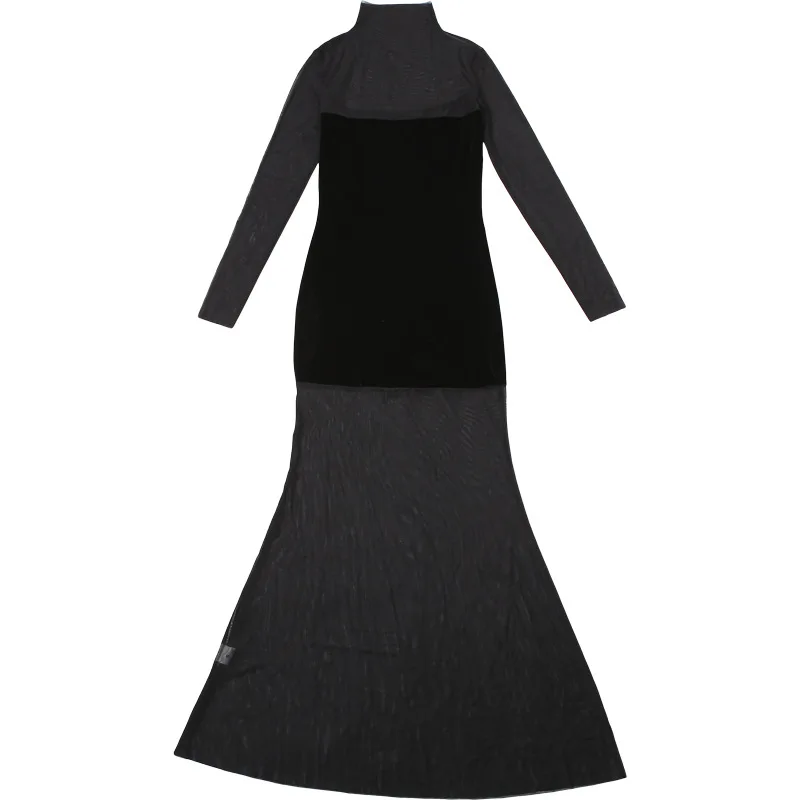 เดรสยาวซีทรูแขนตาข่ายเซ็กซี่สำหรับผู้หญิง แต่งผ้ากำมะหยี่สีดำ คอเต่ารัดรูปทรงบอดี้คอน เหมาะสำหรับออกงานกลางคืนหรือใส่ไปเที่ยวคลับ ดีไซน์หรูหรา