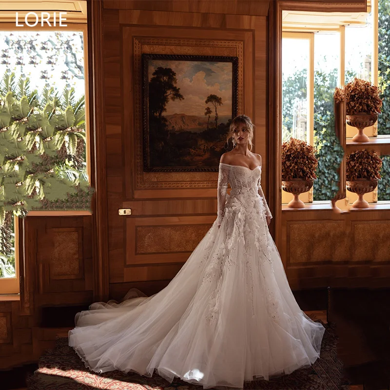 

LORIE A-Line Wedding Dresses Off Shoulder Sweetheart Flowers Pearl Bridal Gown Lace Up Floor-Length Bride Gowns Customized