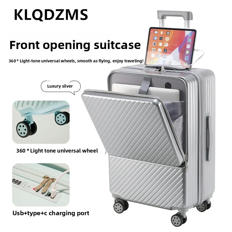 KLQDZMS New Suitcase Front Opening Laptop Boarding Case USB Charging Multi-function Trolley Case 20
