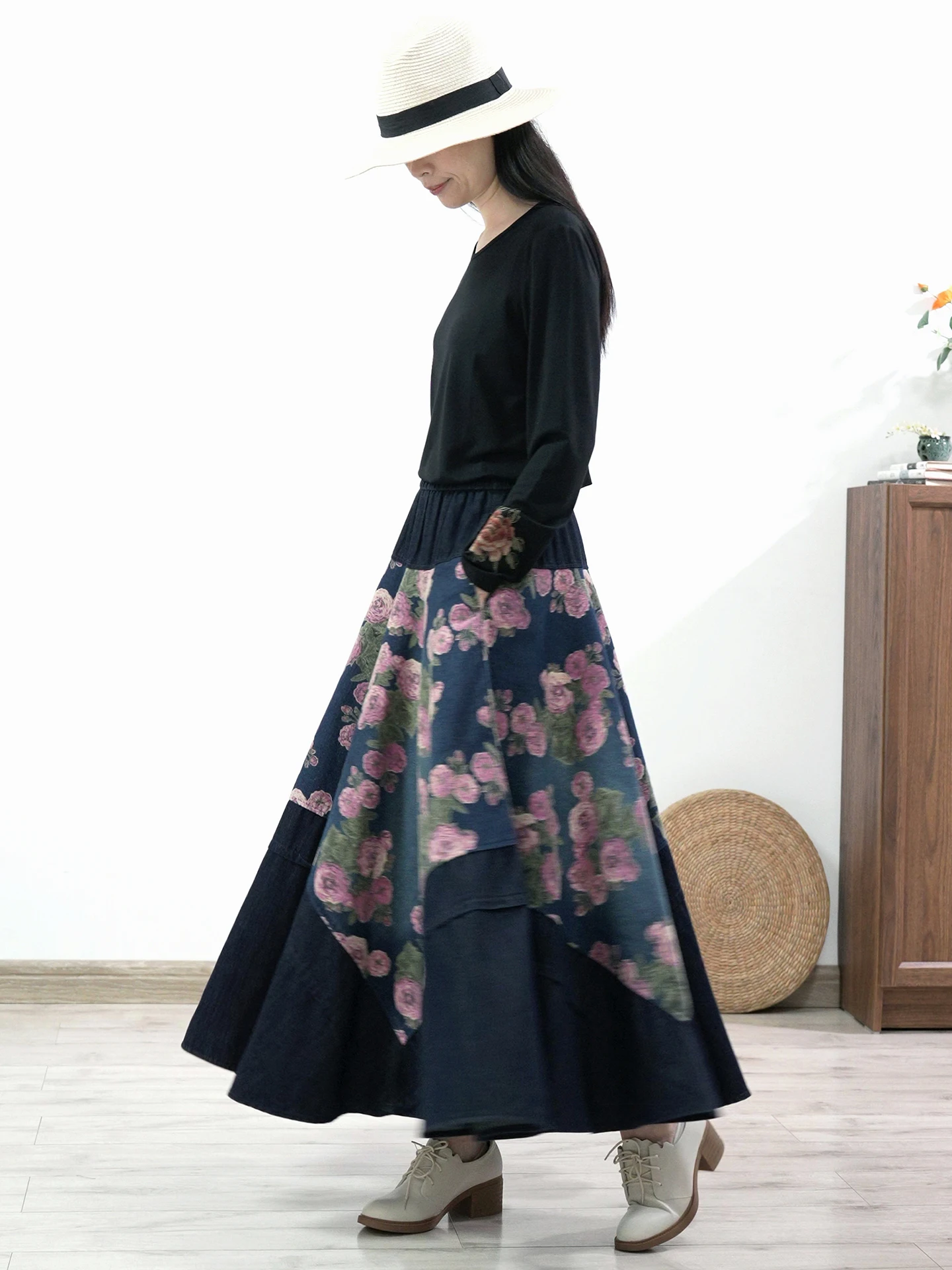 TIYIHAILEY Lange Maxi Frauen Elastische Hohe Taille Winter Herbst Denim Rock Dame Gedruckt A-Line Patchwork Schwarz Dicke Jeans 2025