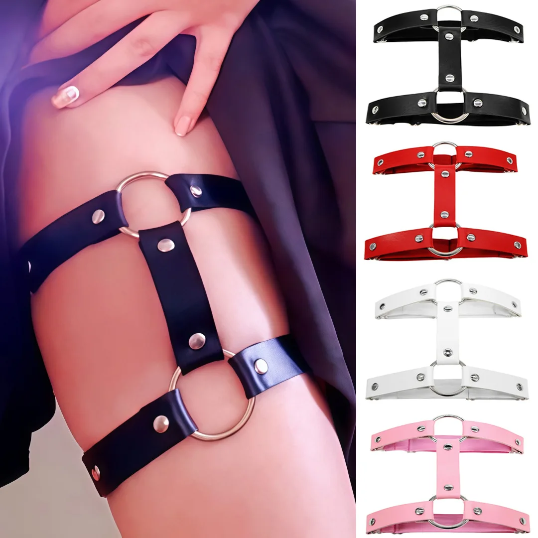 8 Colors PU Leather Double O Ring Thigh Garter Adjustable Punk Leg Harness Club Women Accessories