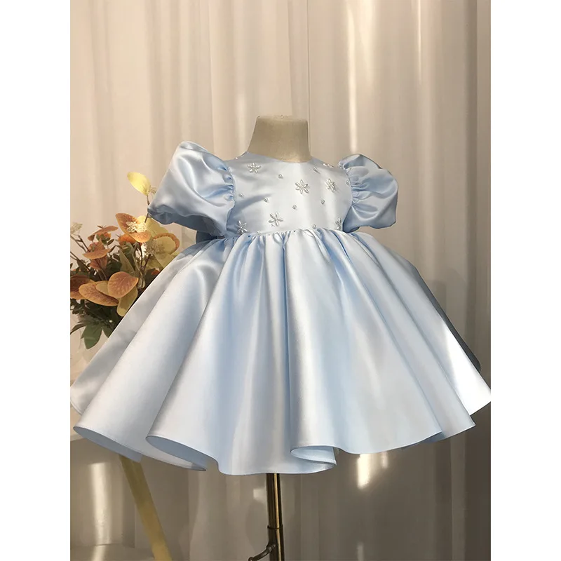 Robe de princesse à paillettes à col rond personnalisée pour enfants, robe de Rhà taille fine, élégante et simple, fête d'anniversaire, éducative, fille à fleurs