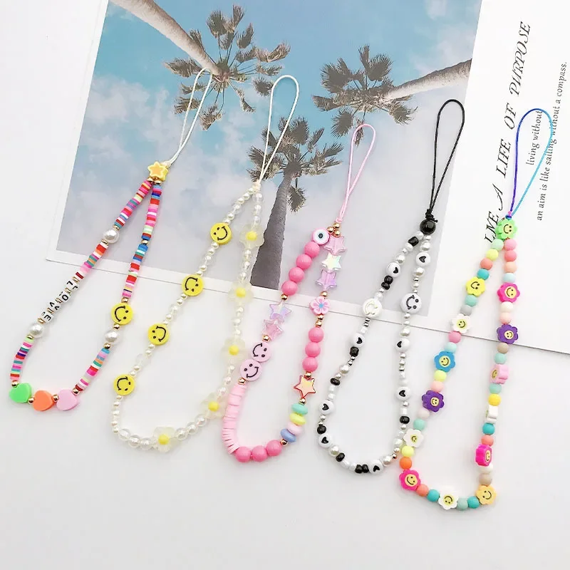 Cordón de cadena de teléfono con cuentas de estrella de flores hermosas para mujer, accesorios de joyería con dijes de correa de funda de teléfono