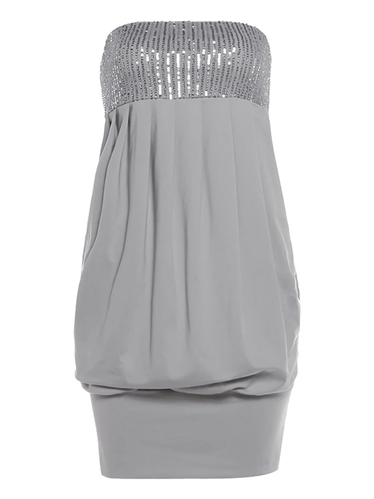 Sisterlinda Schickes Sexy Kleid für Damen, trägerlos, mit Pailletten, Patchwork, Wickeloptik, rückenfrei, eng anliegend, pfirsichfarben, Hüftbetont, gerafft, elegant, figurbetont. – Detail 2
