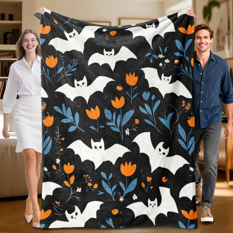 1 piece black bat and orange flower flannel blanket, soft, suitable for sofa, bed, office, all-season use.