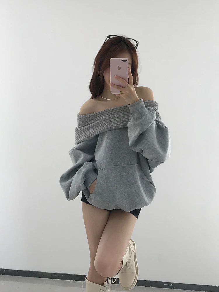 فضفاض oulder قطعة واحدة هوديي المرأة Sle الكورية تصميم الخريف جديد Faion صغير ence واسعة Ne أعلى ألياف البوليستر