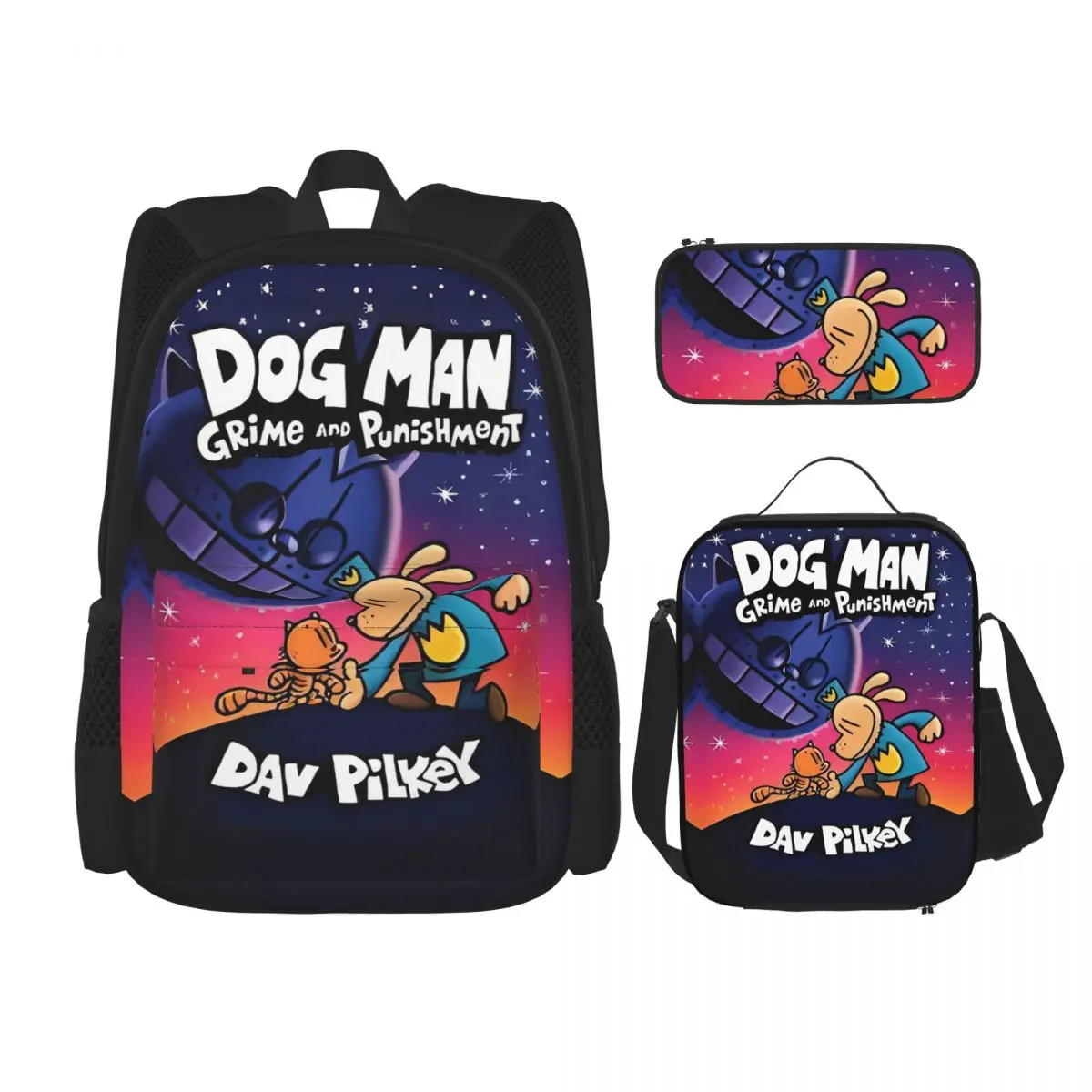 

3pecs/set Dog Man Petey Cat Anime Backpack for Student Back To School Cartoon Shoulder Bag Lunch bag Pencil Case
