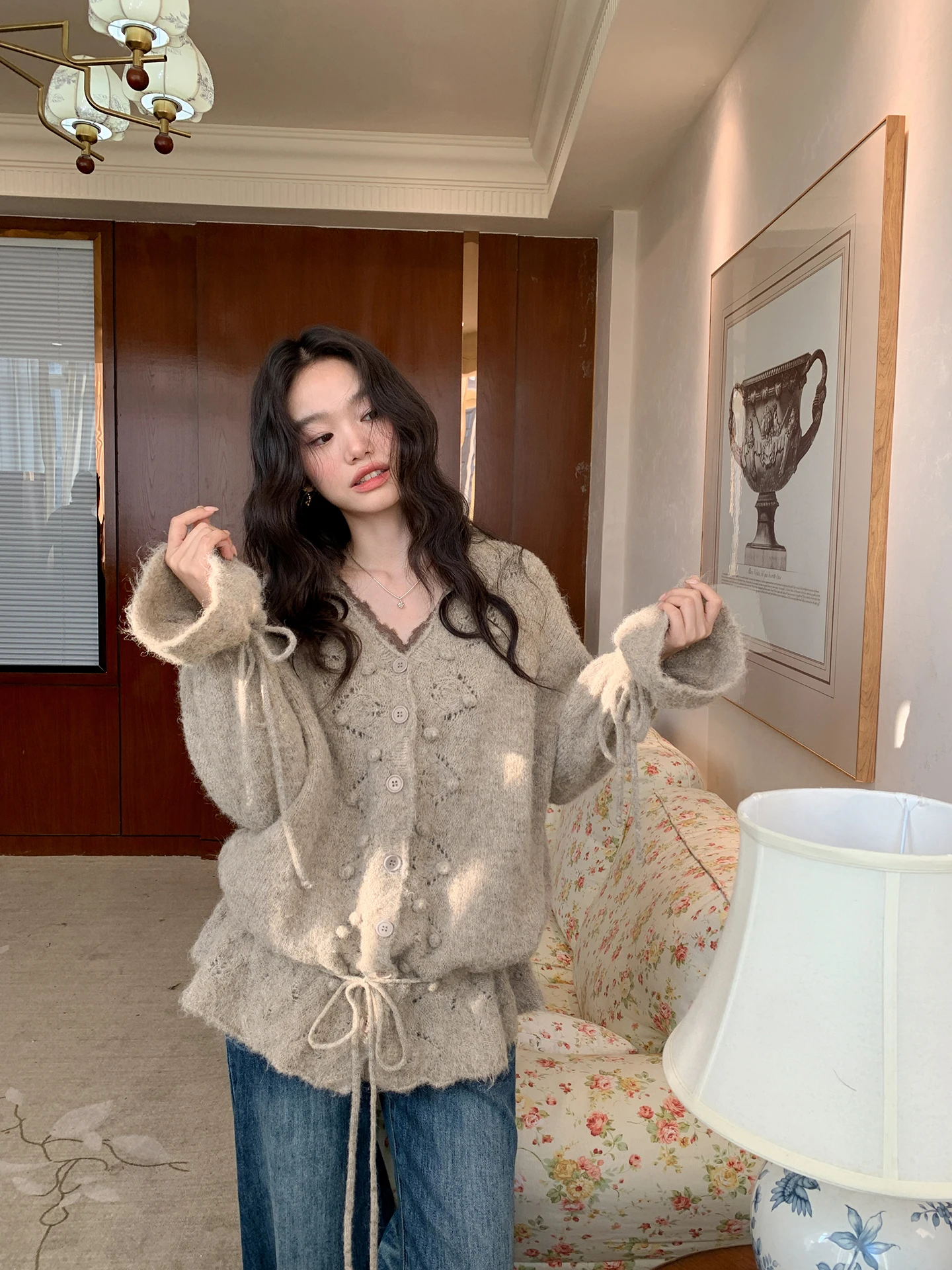 

Loose Knitted Cardigan Women's Vaion Casual Open Front Sweater Dstring Hollow out Design Long Sve V-Ne Top
