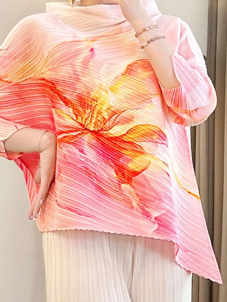 2025 ฤดูร้อน New Wave Miyake หลวมแฟชั่น Stand-up Collar ยาวไม่สม่ําเสมอผู้หญิงเสื้อลําลองพิมพ์ผู้หญิงเสื้อ