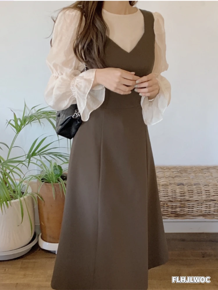 Long Chic Vestidos Fasion Women Cute Sleeveless Dresses Sweet Japanese Korean Style Preppy Girls A Line Slip Shirt Dress